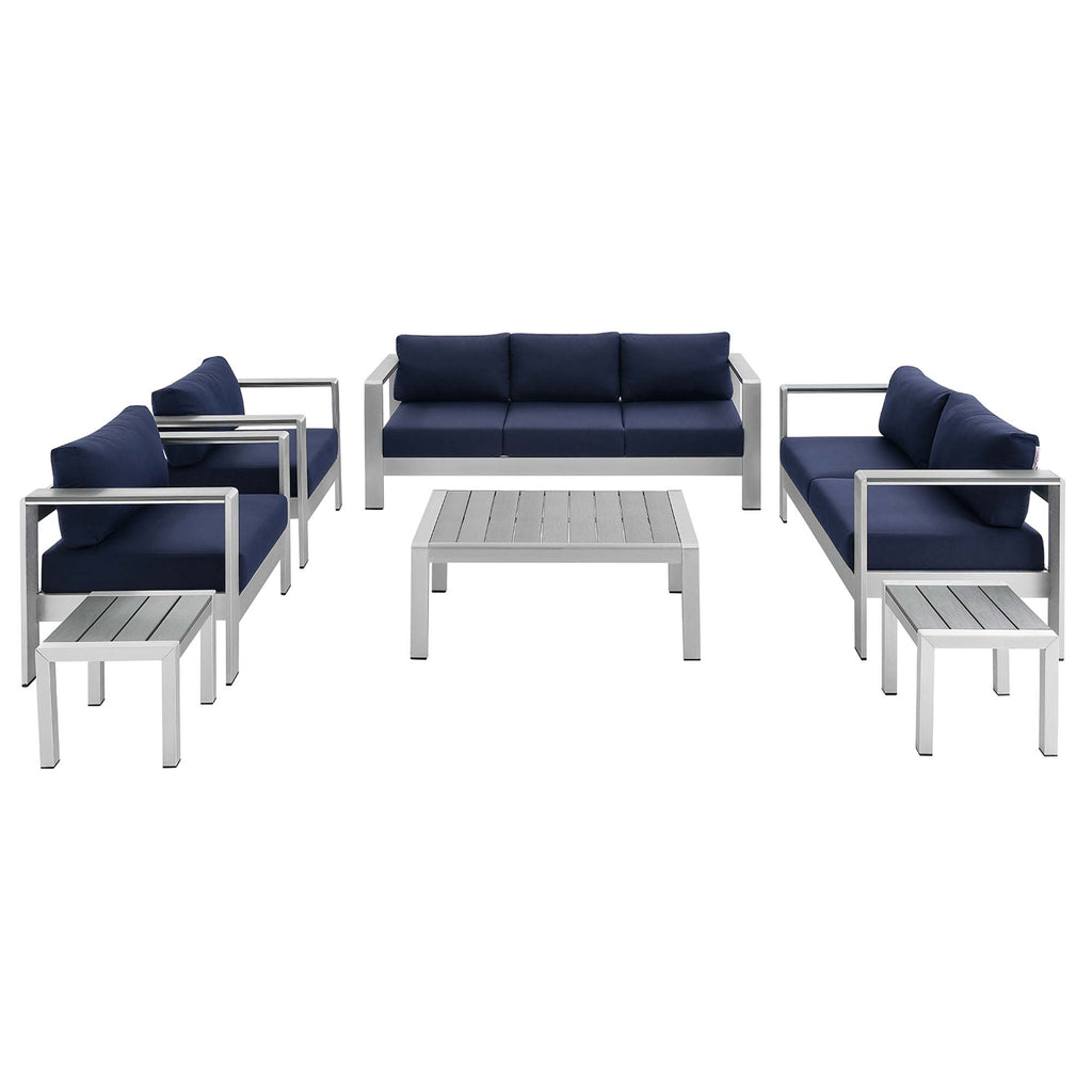 Shore 7 Piece Sunbrella Fabric Outdoor Patio Aluminum Set - Silver Navy