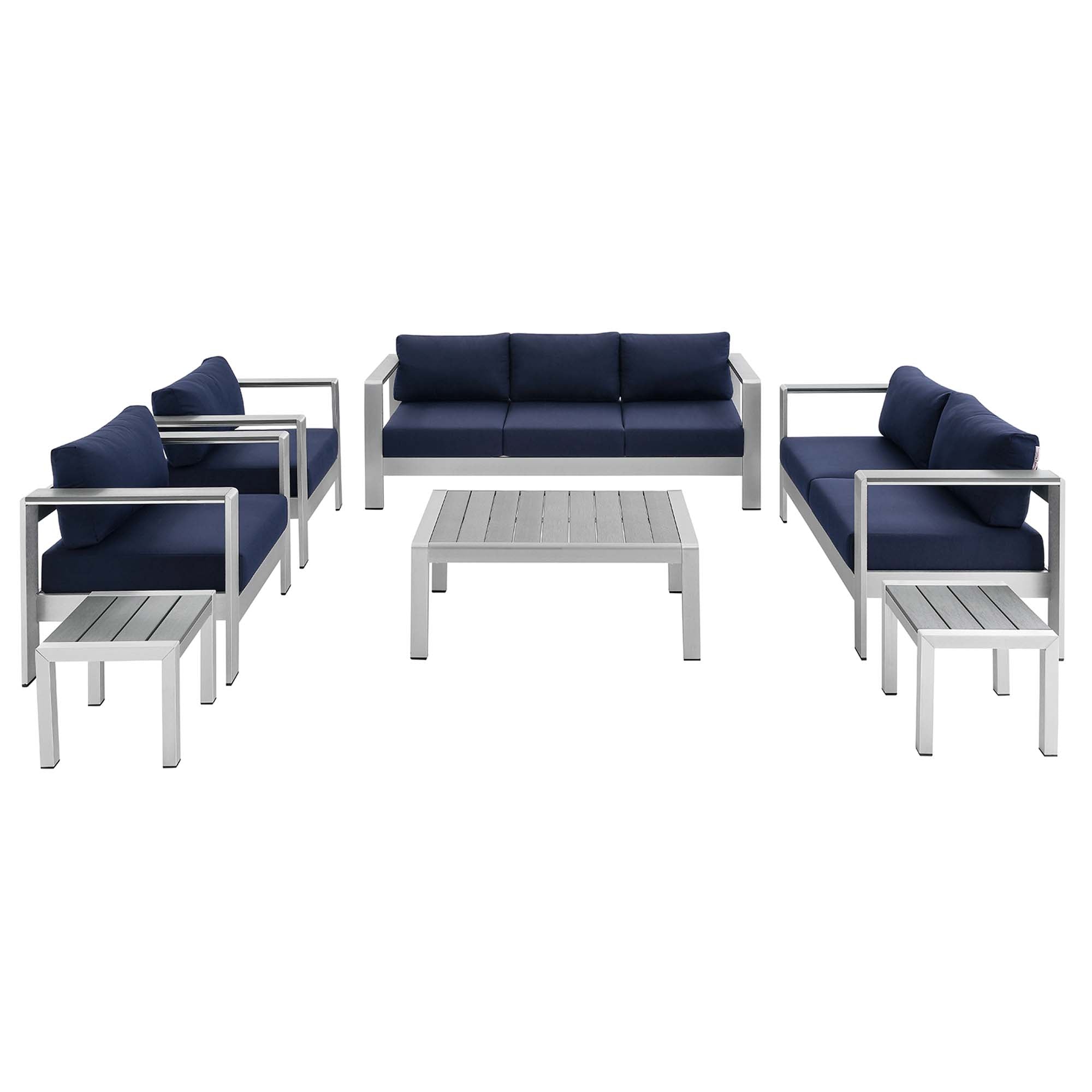 Shore 7 Piece Sunbrella Fabric Outdoor Patio Aluminum Set - Silver Navy