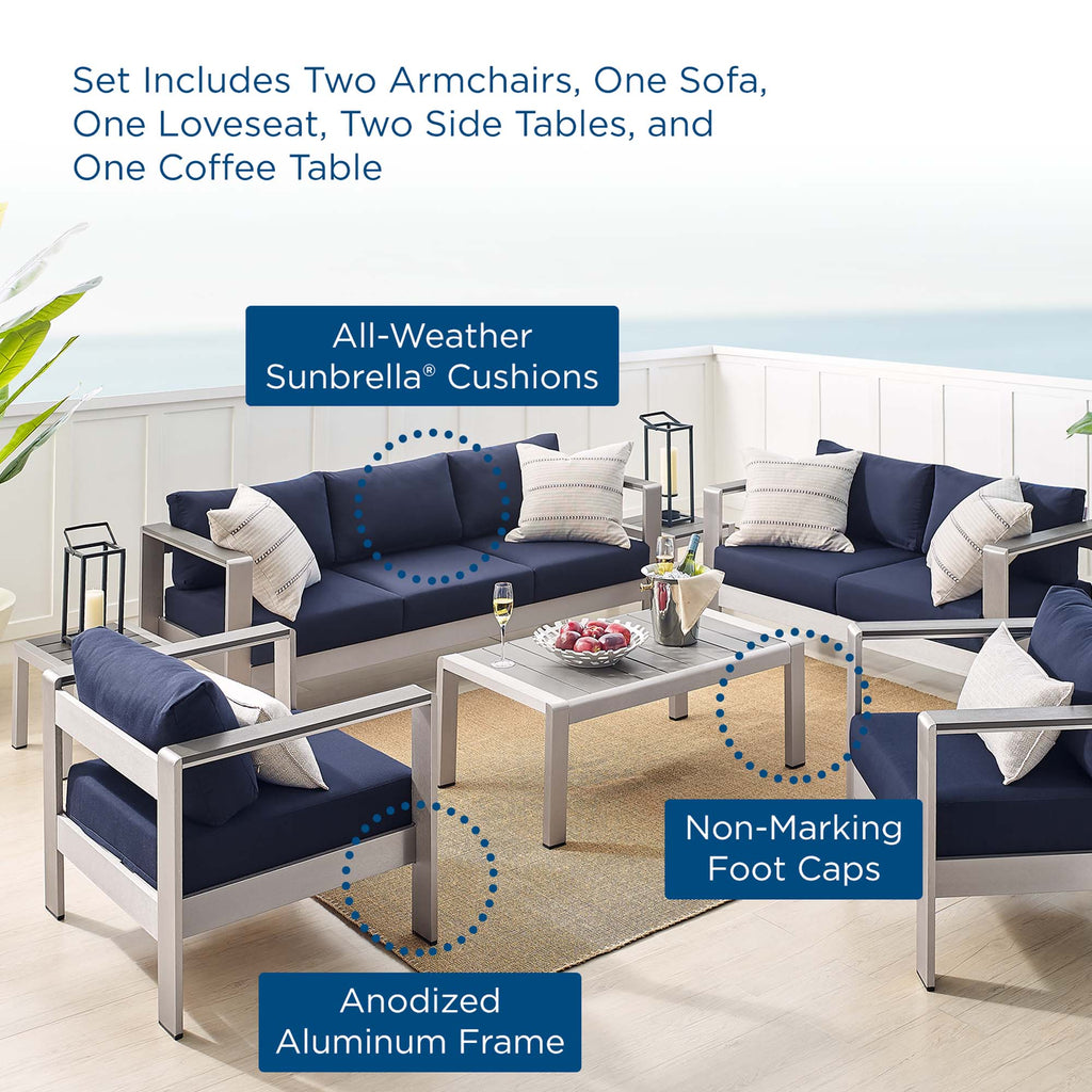 Shore 7 Piece Sunbrella Fabric Outdoor Patio Aluminum Set - Silver Navy