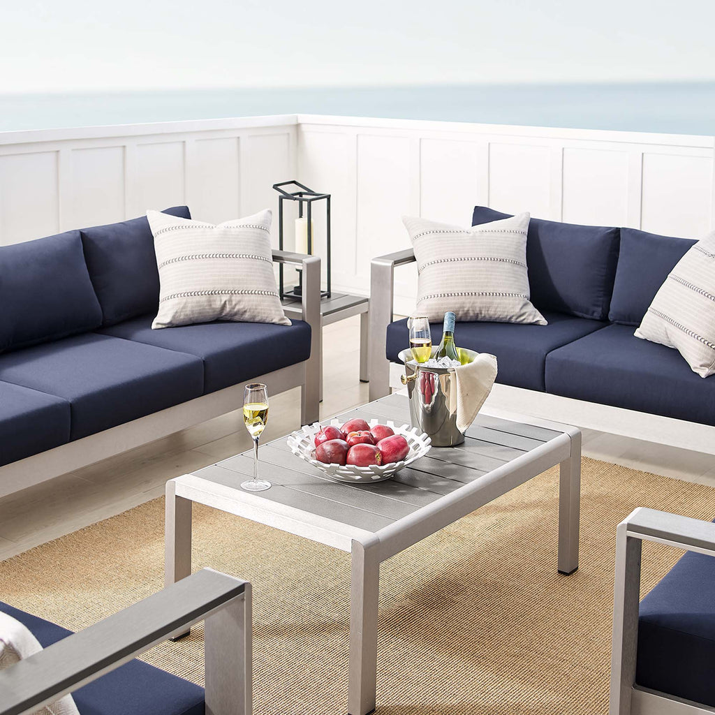 Shore 7 Piece Sunbrella Fabric Outdoor Patio Aluminum Set - Silver Navy