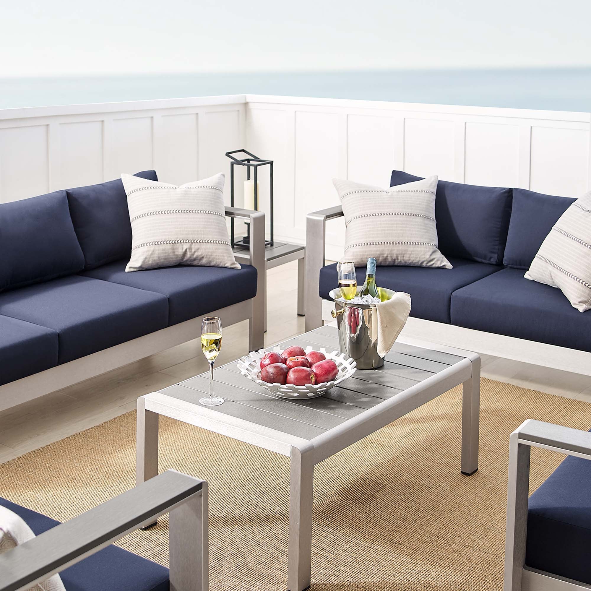 Shore 7 Piece Sunbrella Fabric Outdoor Patio Aluminum Set - Silver Navy