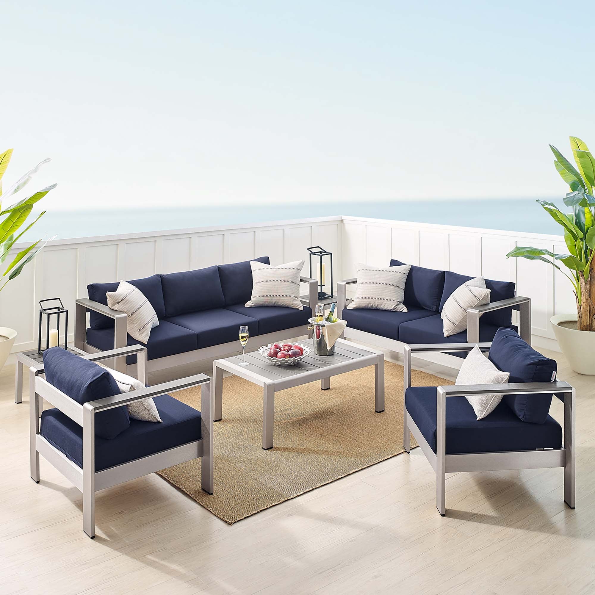 Shore 7 Piece Sunbrella Fabric Outdoor Patio Aluminum Set - Silver Navy