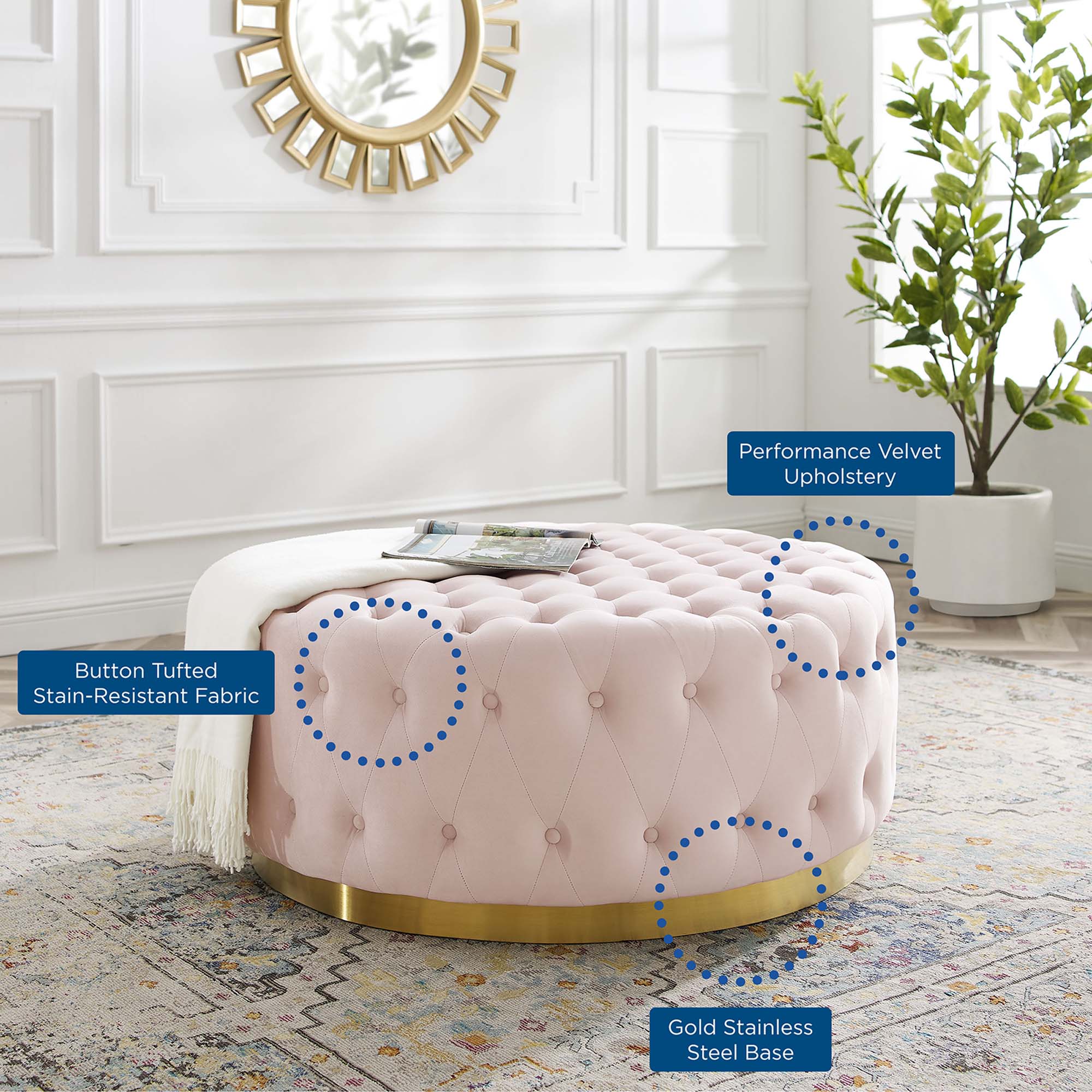 Ensconce Tufted Performance Velvet Round Ottoman - Pink