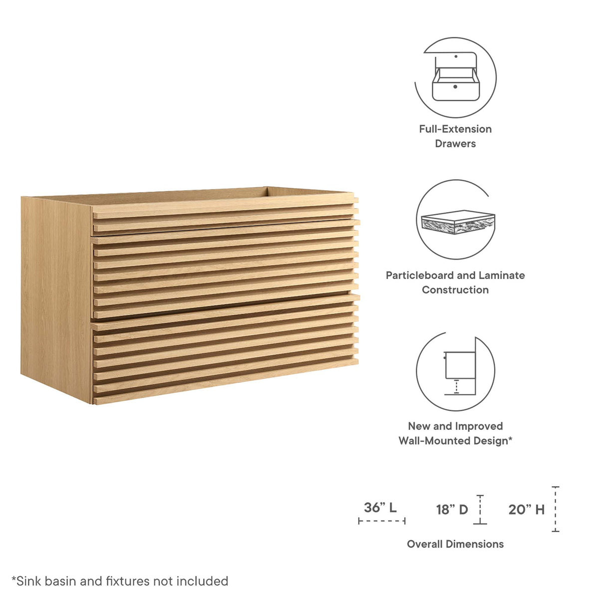 Render 36" Wall-Mount Bathroom Vanity Cabinet (Sink Basin Not Included) - Oak