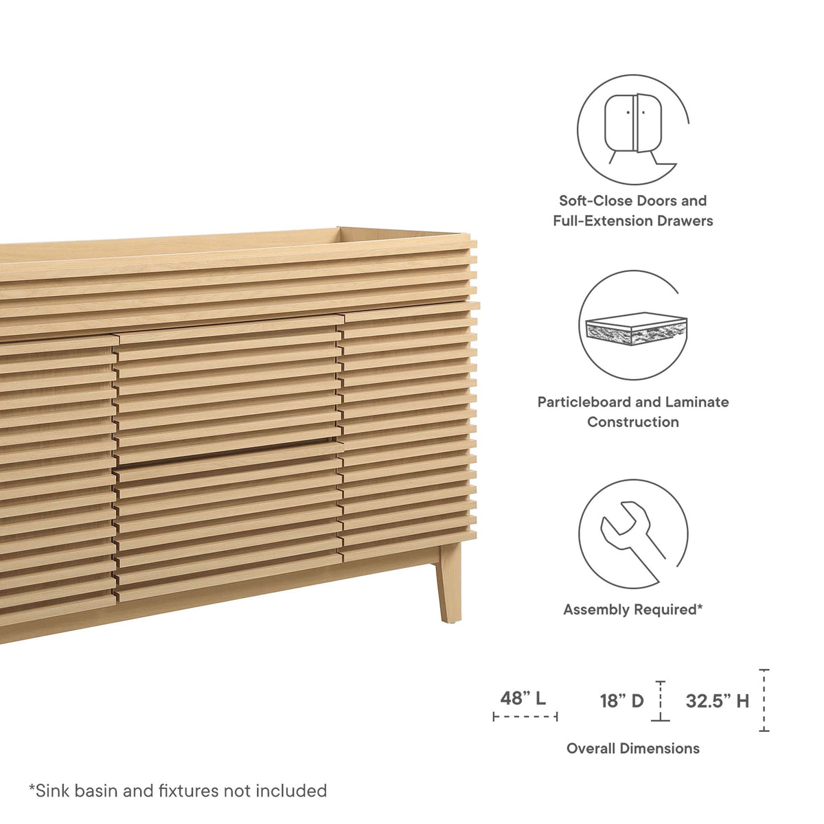 Render 48" Single Sink Compatible (not included) Bathroom Vanity Cabinet - Oak