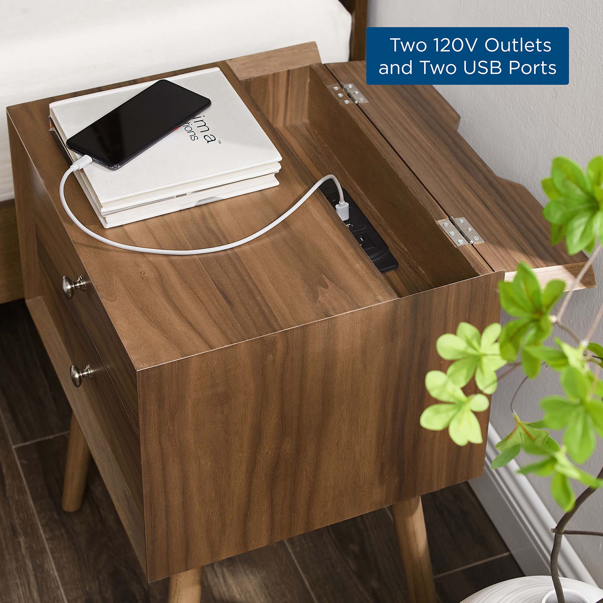 Ember Wood Nightstand With USB Ports - Walnut Walnut