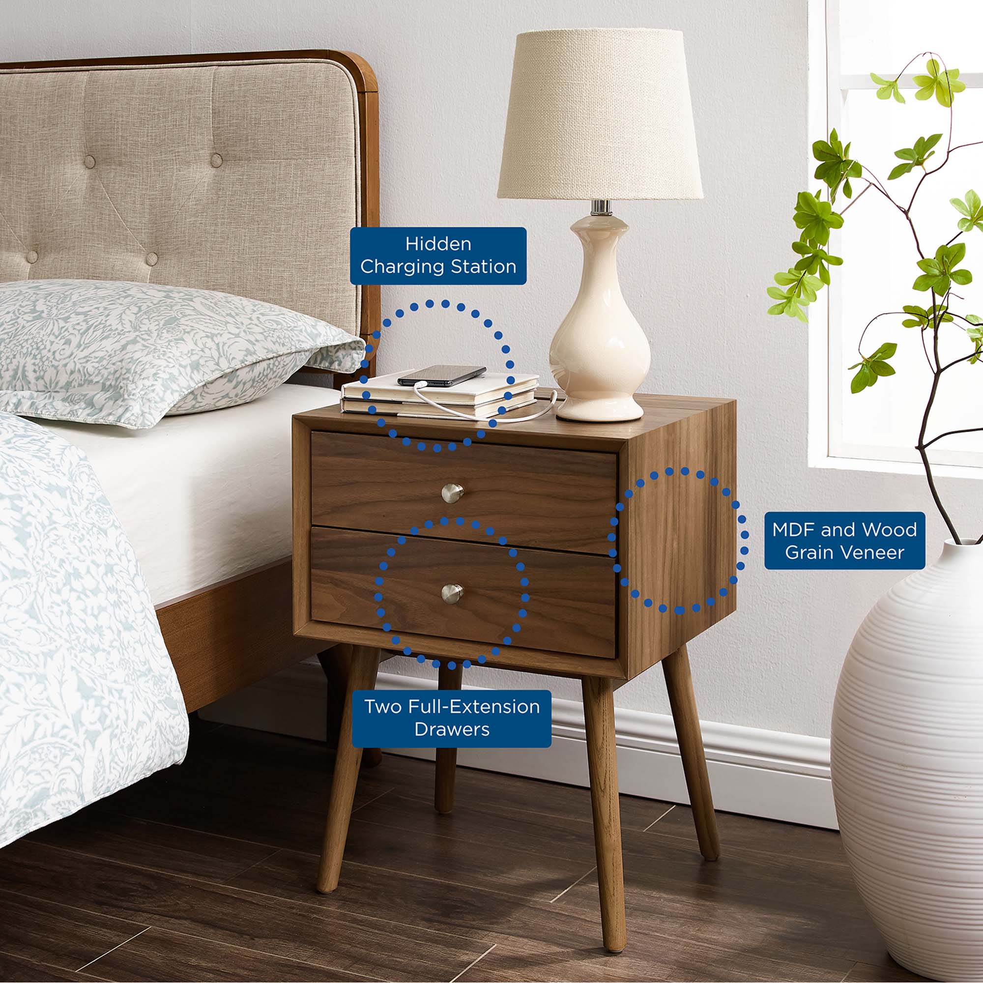 Ember Wood Nightstand With USB Ports - Walnut Walnut