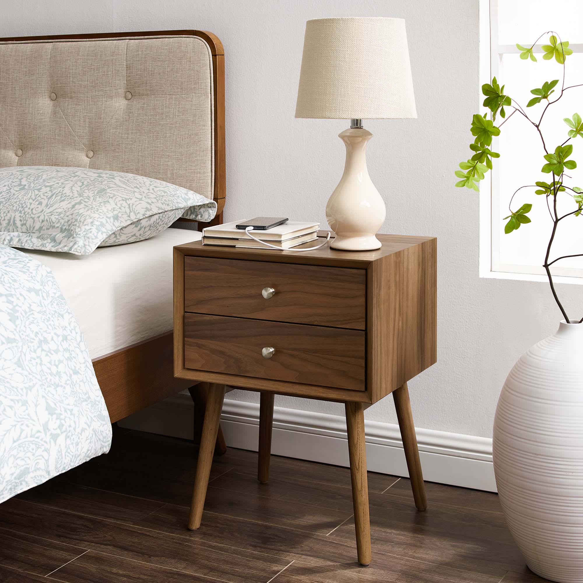 Ember Wood Nightstand With USB Ports - Walnut Walnut