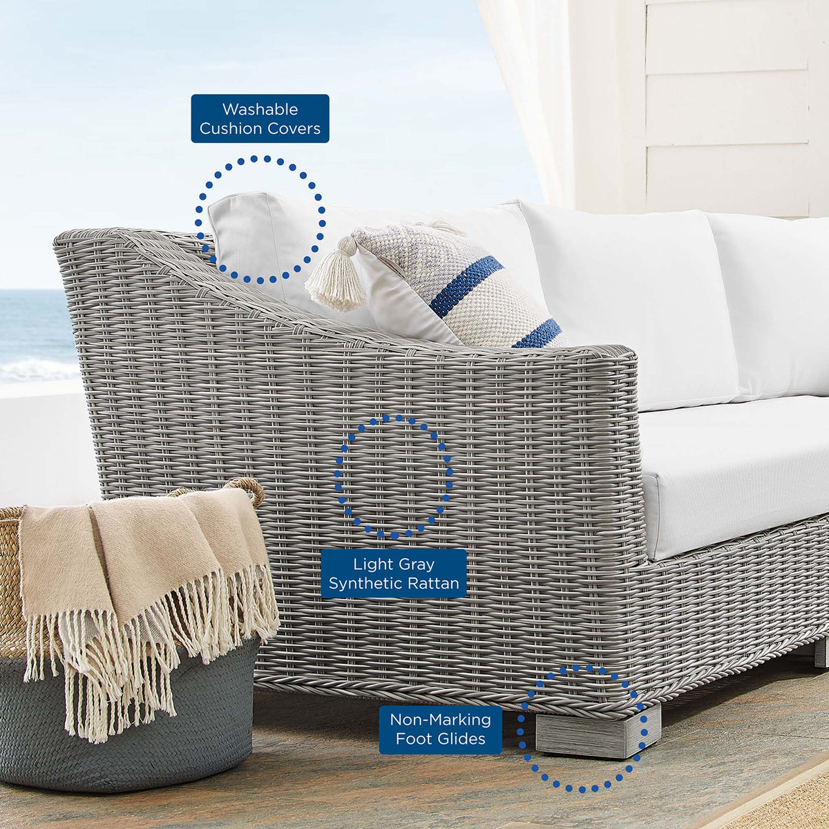 Conway 4-Piece Sunbrella Outdoor Patio Wicker Rattan Furniture Set - Light Gray White (Coffee Table, Armchair, Loveseat, Sofa)