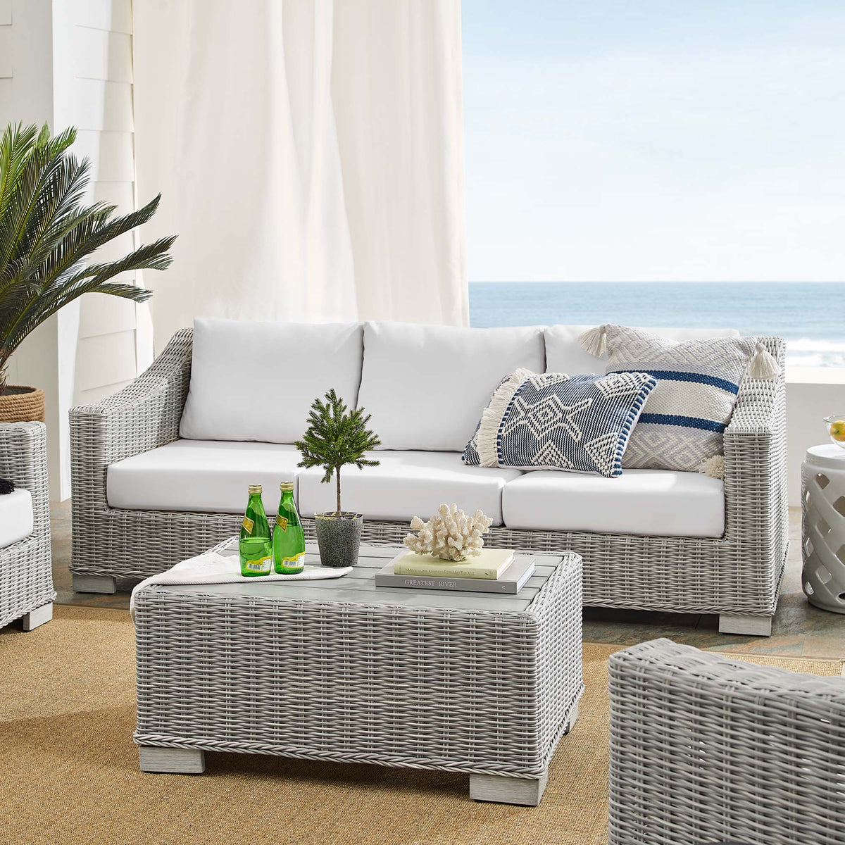 Conway 4-Piece Sunbrella Outdoor Patio Wicker Rattan Furniture Set - Light Gray White (Coffee Table, Armchair, Loveseat, Sofa)