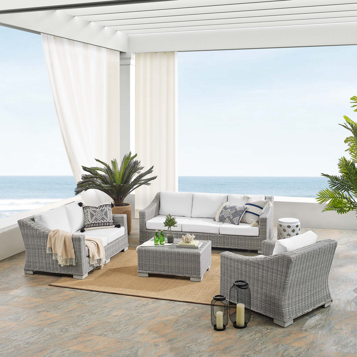 Conway 4-Piece Sunbrella Outdoor Patio Wicker Rattan Furniture Set - Light Gray White (Coffee Table, Armchair, Loveseat, Sofa)