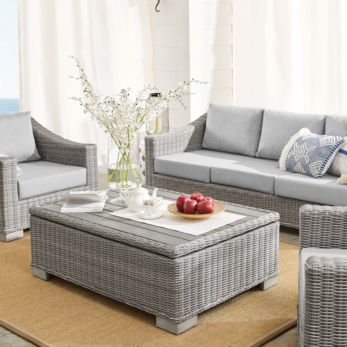 Conway 4-Piece Sunbrella Outdoor Patio Wicker Rattan Furniture Set - Light Gray Gray (Coffee Table, 2 Armchairs, Sofa)