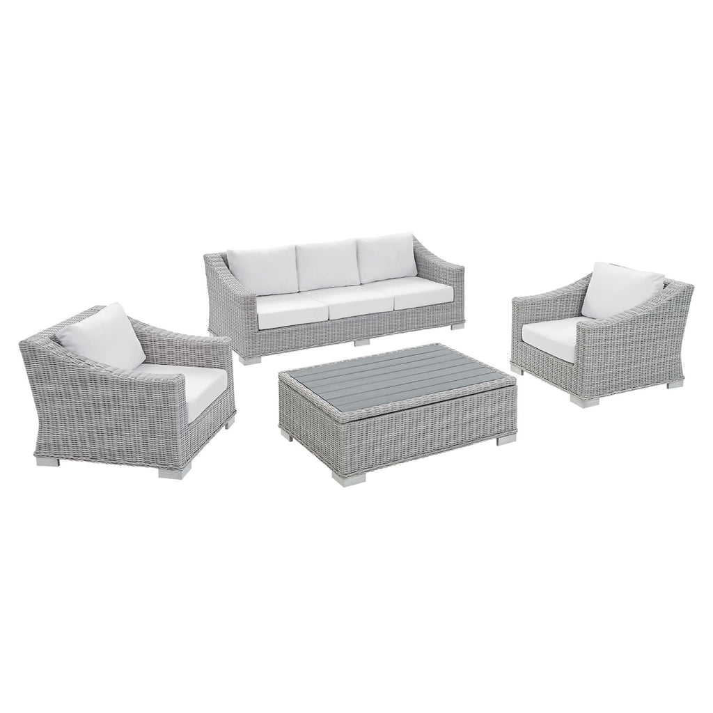 Conway 4-Piece Sunbrella Outdoor Patio Wicker Rattan Furniture Set - Light Gray White (Coffee Table, 2 Armchairs, Sofa)