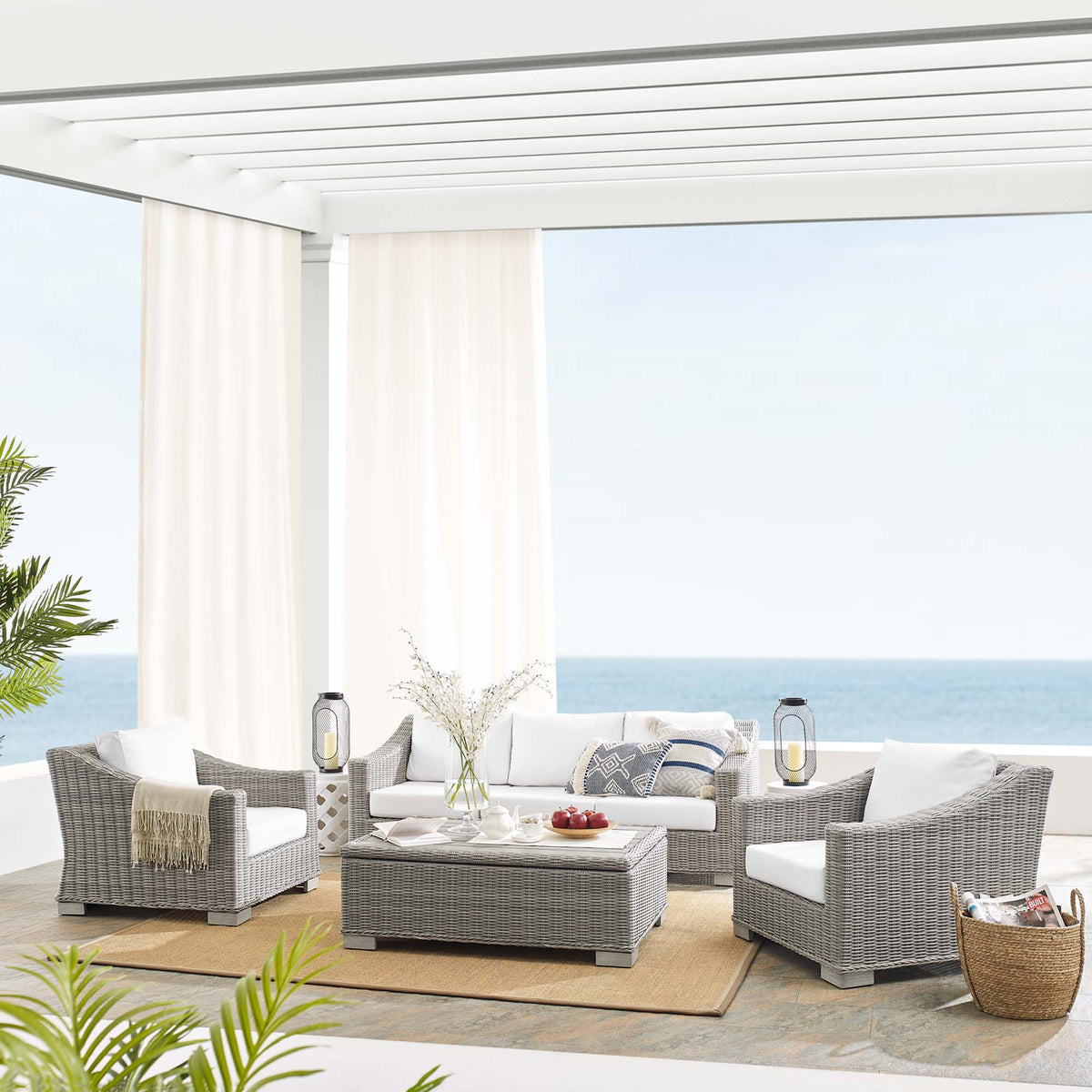 Conway 4-Piece Sunbrella Outdoor Patio Wicker Rattan Furniture Set - Light Gray White (Coffee Table, 2 Armchairs, Sofa)