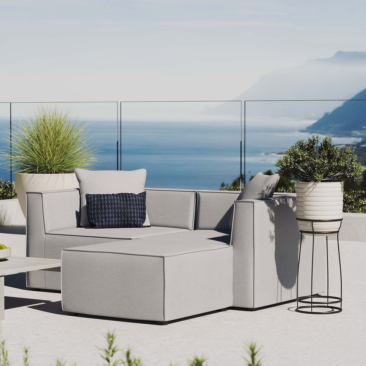 Saybrook Outdoor Patio Upholstered Loveseat and Ottoman Set - Gray