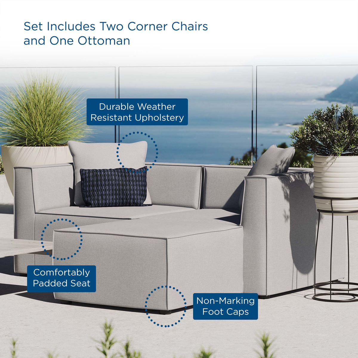 Saybrook Outdoor Patio Upholstered Loveseat and Ottoman Set - Gray