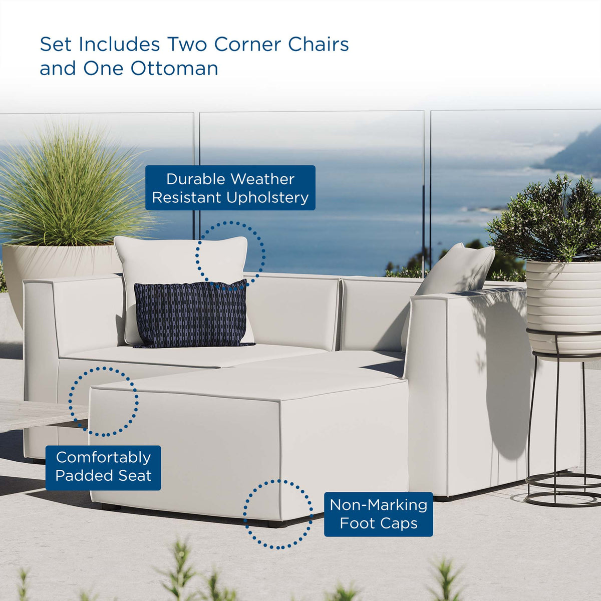 Saybrook Outdoor Patio Upholstered Loveseat and Ottoman Set - White