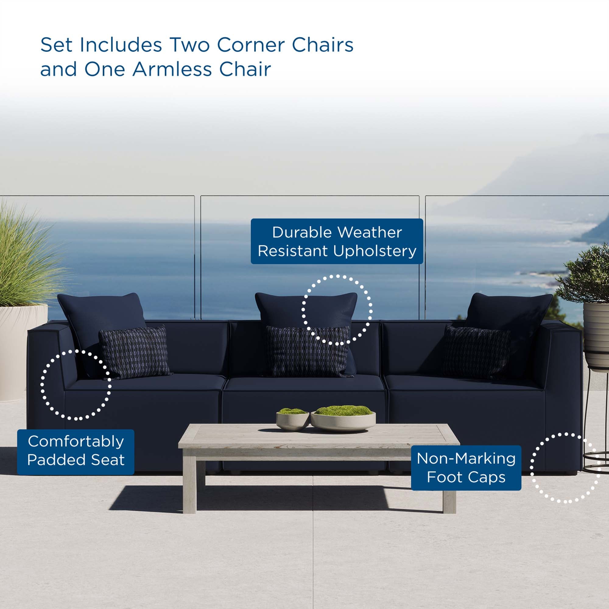 Saybrook 3-Piece Outdoor Patio Upholstered Sectional Sofa - Navy