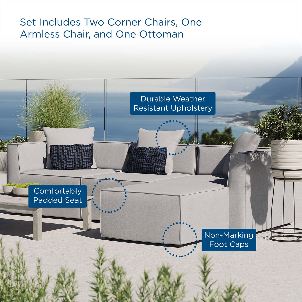 Saybrook 4-Piece Outdoor Patio Upholstered Sectional Sofa - Gray (Armless Chair, 2 Corner Chairs, Ottoman)