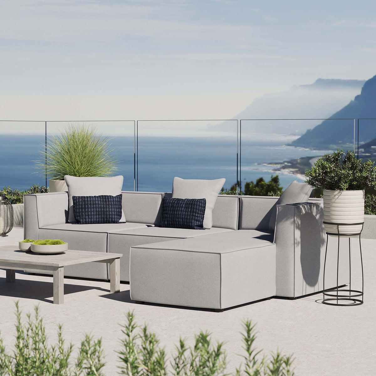 Saybrook 4-Piece Outdoor Patio Upholstered Sectional Sofa - Gray (Armless Chair, 2 Corner Chairs, Ottoman)