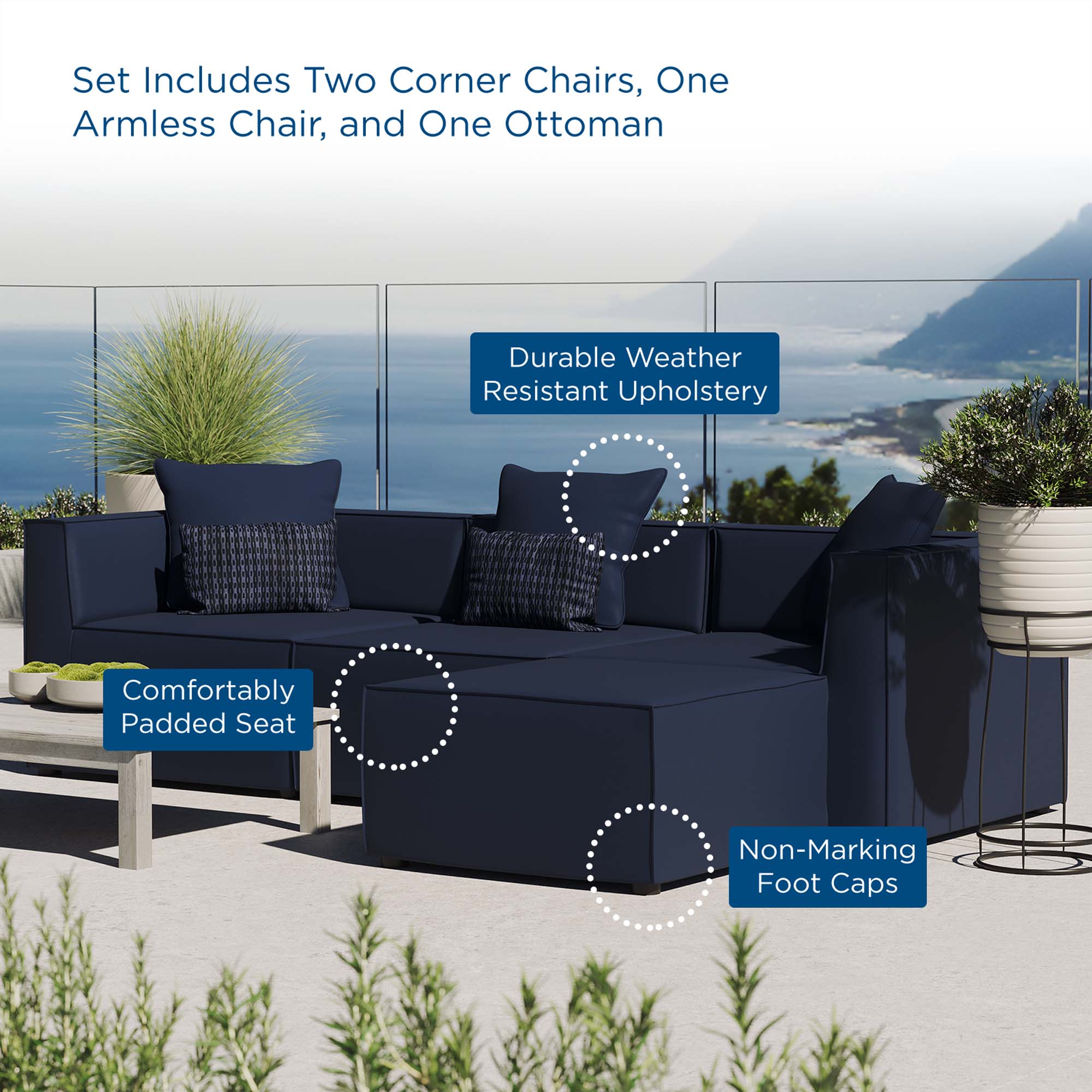 Saybrook 4-Piece Outdoor Patio Upholstered Sectional Sofa - Navy (Armless Chair, 2 Corner Chairs, Ottoman)