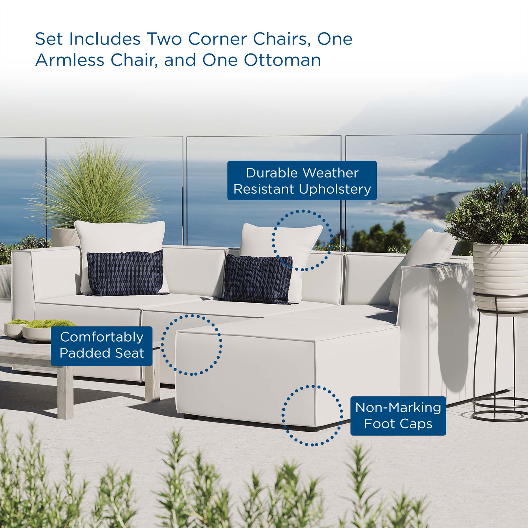 Saybrook 4-Piece Outdoor Patio Upholstered Sectional Sofa - White (Armless Chair, 2 Corner Chairs, Ottoman)