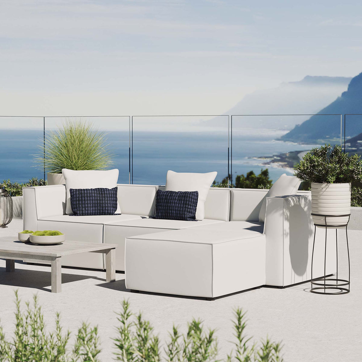 Saybrook 4-Piece Outdoor Patio Upholstered Sectional Sofa - White (Armless Chair, 2 Corner Chairs, Ottoman)