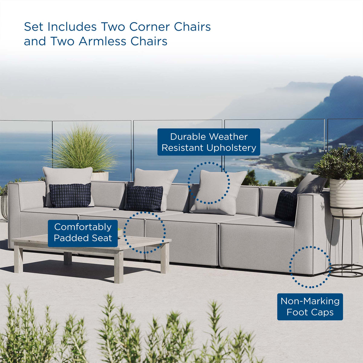 Saybrook 4-Piece Outdoor Patio Upholstered Sectional Sofa - Gray (2 Armless Chairs, 2 Corner Chairs)
