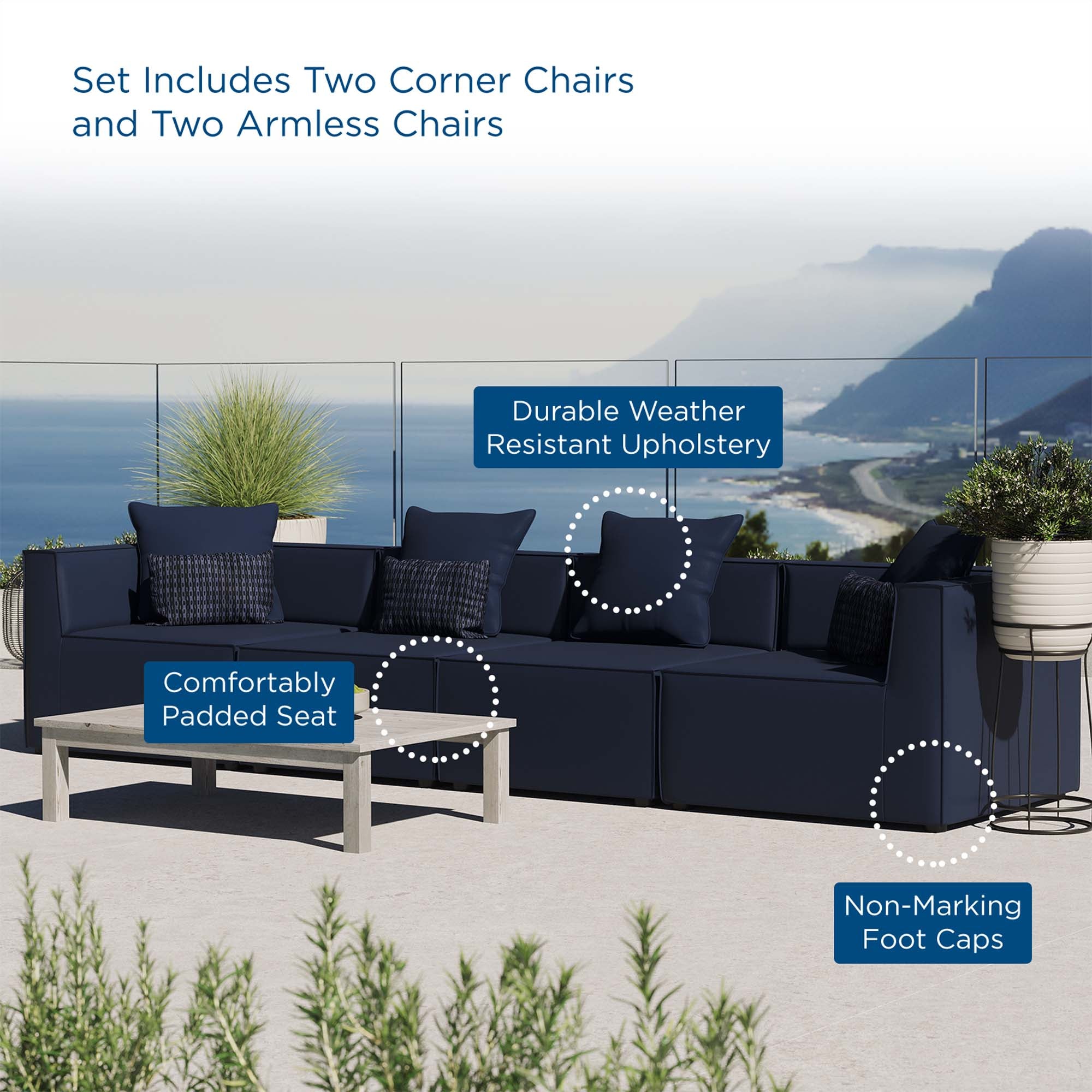 Saybrook 4-Piece Outdoor Patio Upholstered Sectional Sofa - Navy (2 Armless Chairs, 2 Corner Chairs)