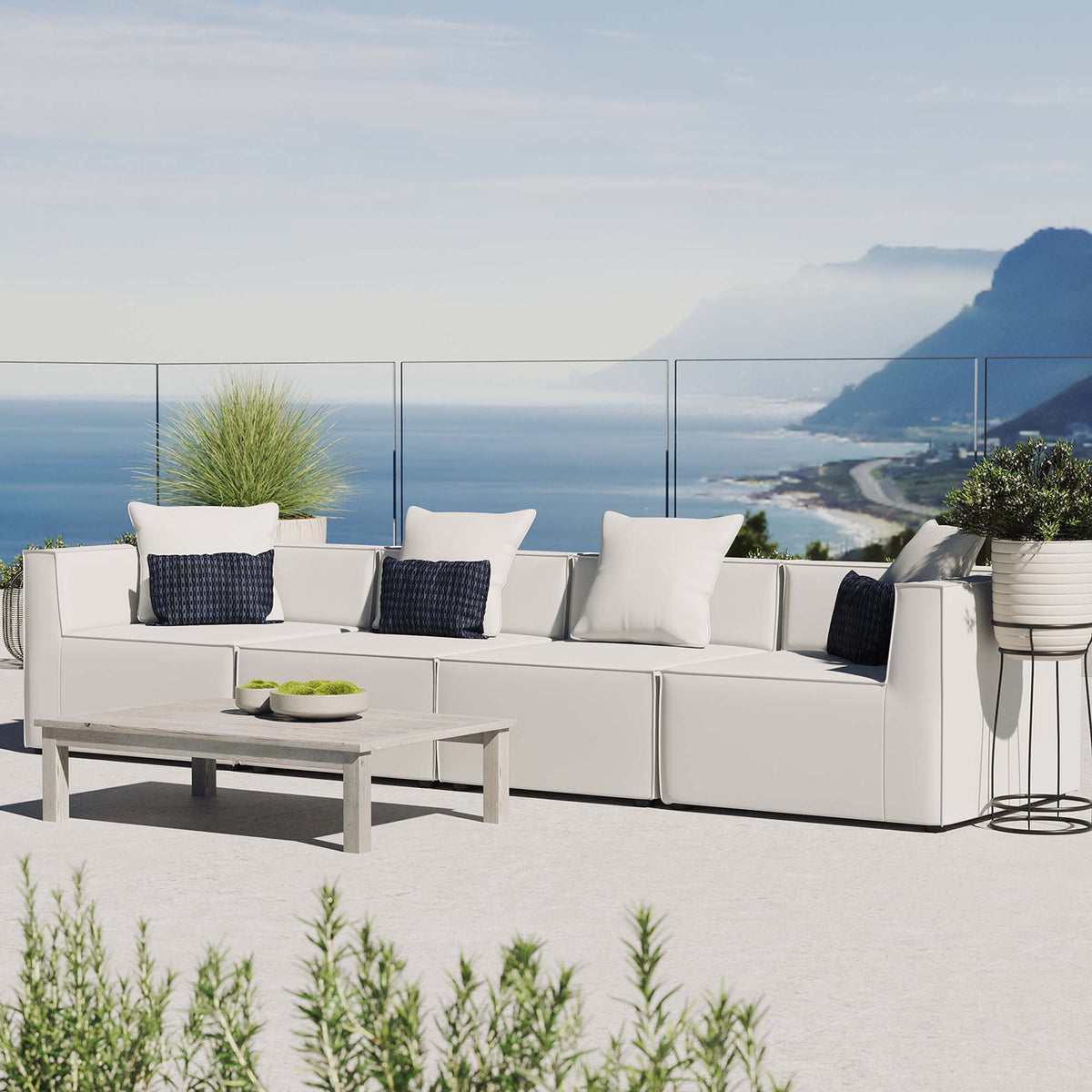 Saybrook 4-Piece Outdoor Patio Upholstered Sectional Sofa - White (2 Armless Chairs, 2 Corner Chairs)