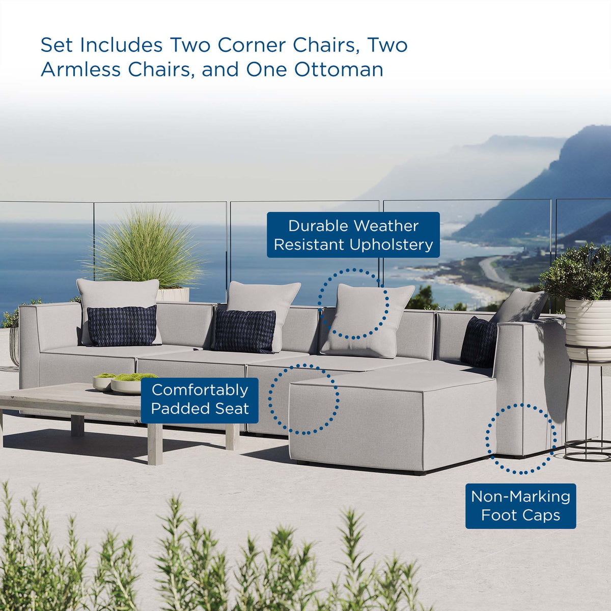 Saybrook 5-Piece Outdoor Patio Upholstered Sectional Sofa - Gray (2 Armless Chairs, 2 Corner Chairs, Ottoman)