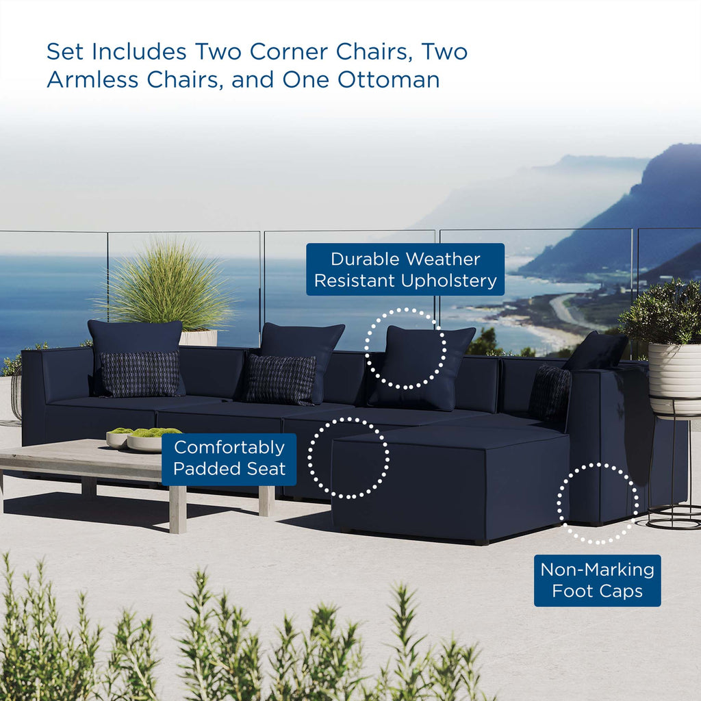 Saybrook 5-Piece Outdoor Patio Upholstered Sectional Sofa - Navy (2 Armless Chairs, 2 Corner Chairs, Ottoman)