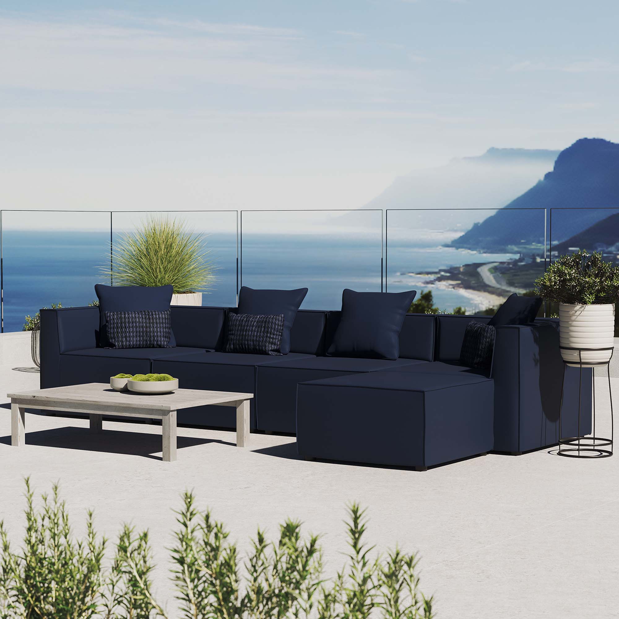 Saybrook 5-Piece Outdoor Patio Upholstered Sectional Sofa - Navy (2 Armless Chairs, 2 Corner Chairs, Ottoman)