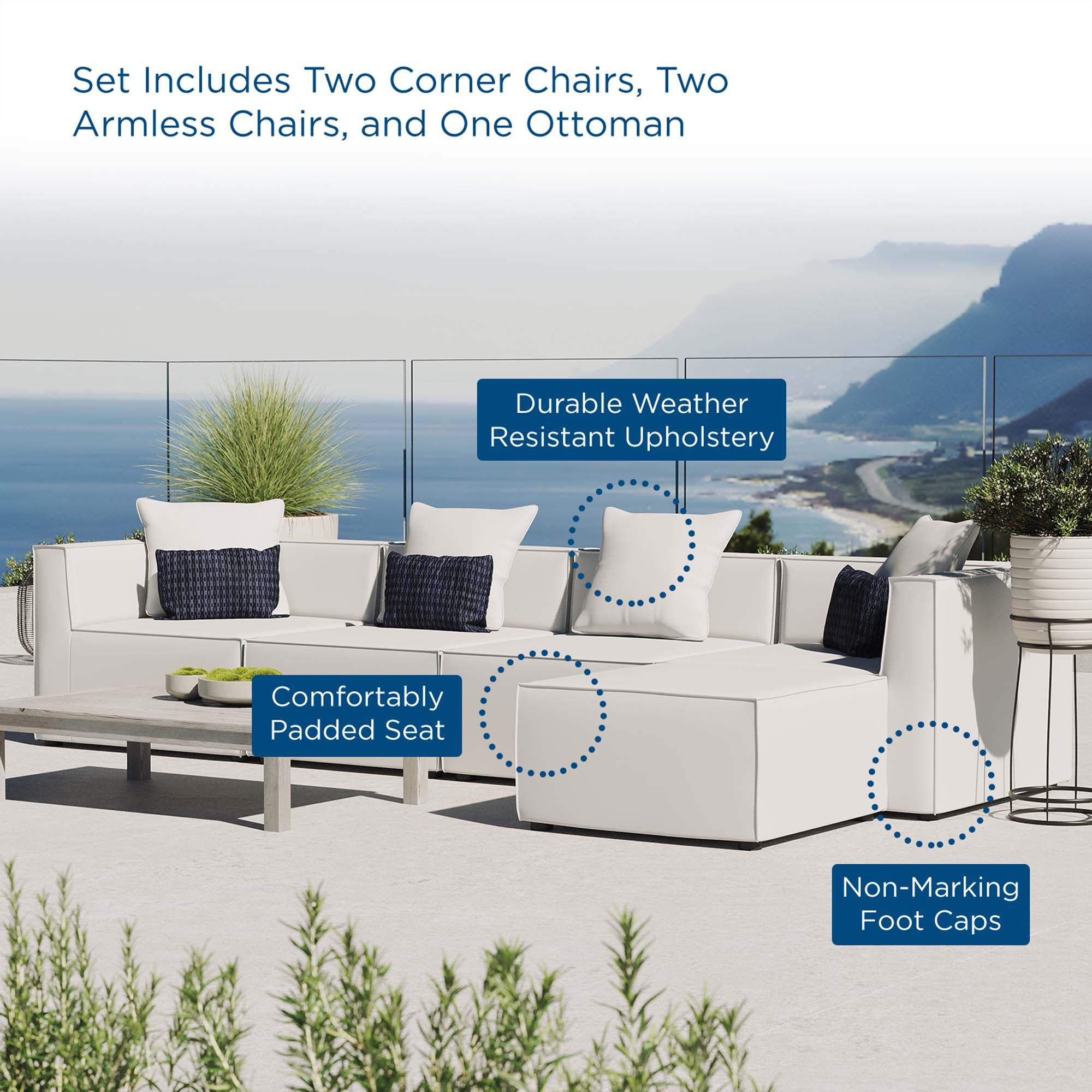 Saybrook 5-Piece Outdoor Patio Upholstered Sectional Sofa - White (2 Armless Chairs, 2 Corner Chairs, Ottoman)