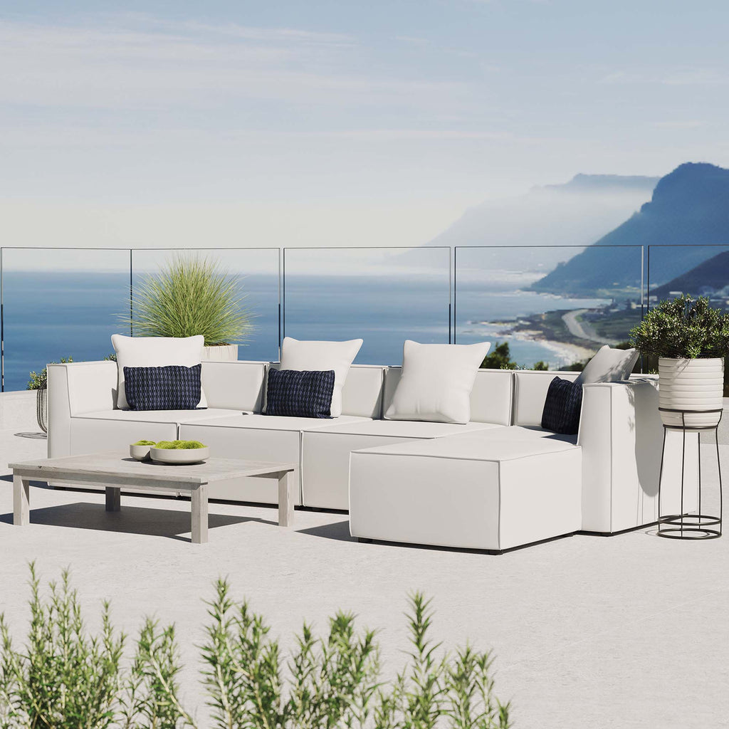 Saybrook 5-Piece Outdoor Patio Upholstered Sectional Sofa - White (2 Armless Chairs, 2 Corner Chairs, Ottoman)