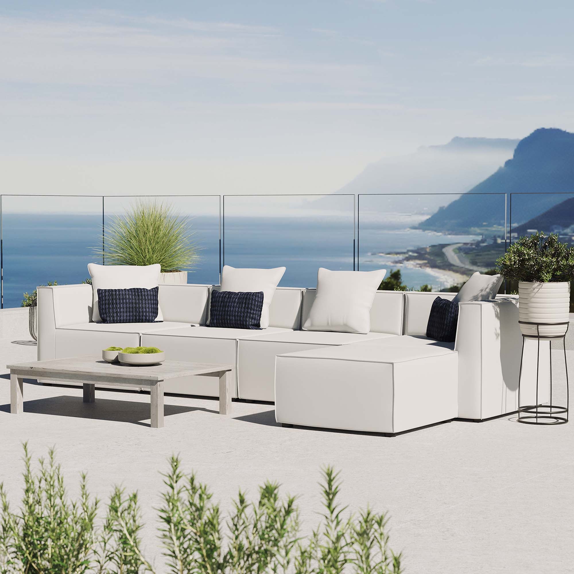 Saybrook 5-Piece Outdoor Patio Upholstered Sectional Sofa - White (2 Armless Chairs, 2 Corner Chairs, Ottoman)