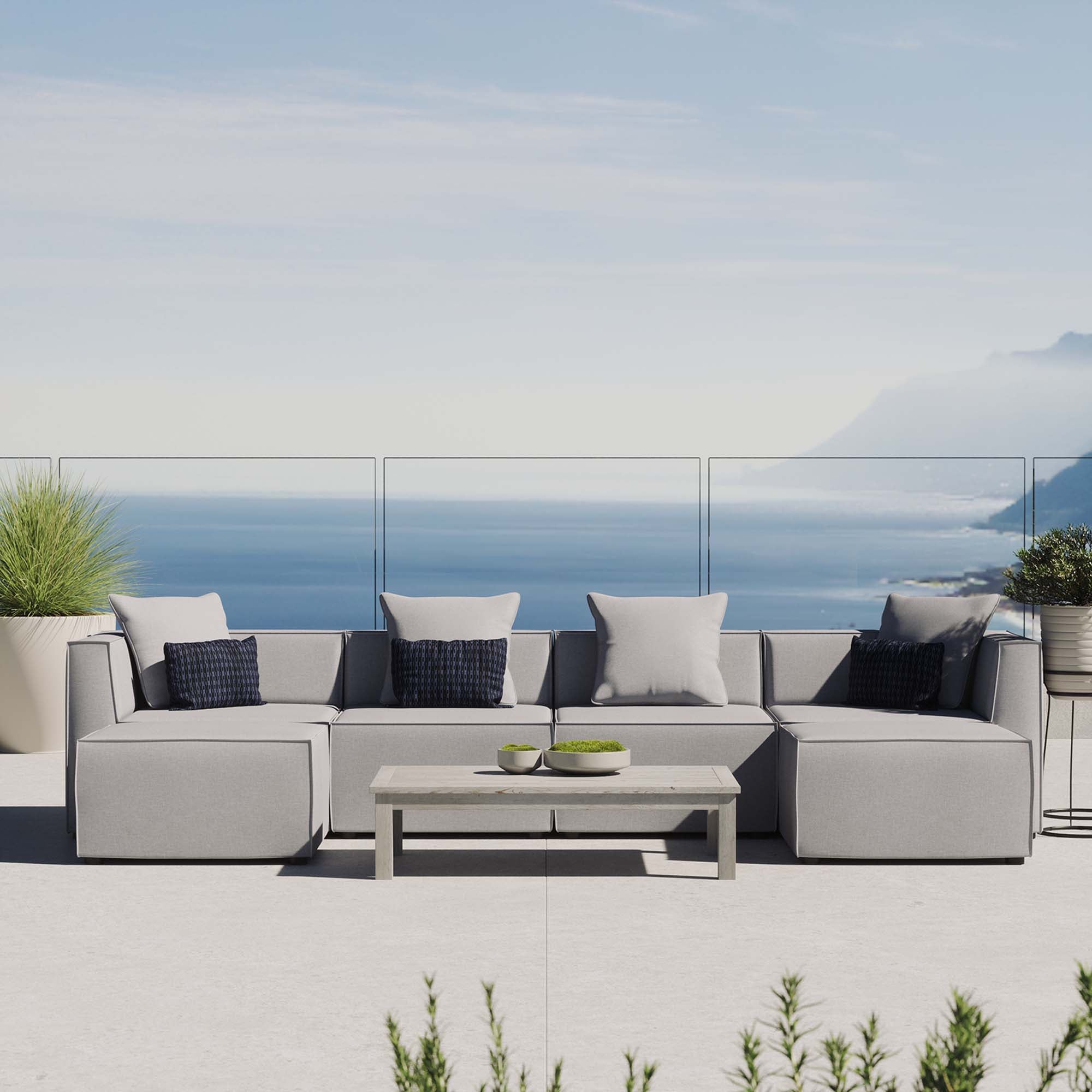 Saybrook 6-Piece Outdoor Patio Upholstered Sectional Sofa - Gray (2 Armless Chairs, 2 Corner Chairs, 2 Ottomans)