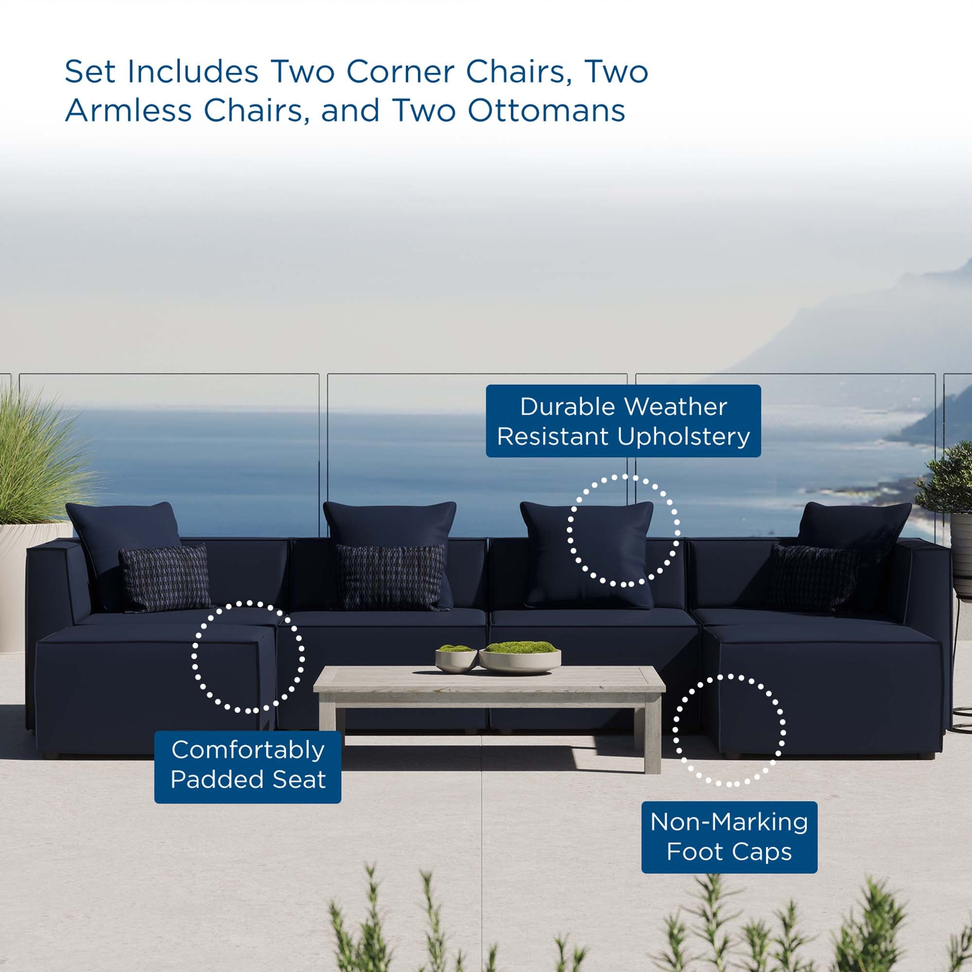 Saybrook 6-Piece Outdoor Patio Upholstered Sectional Sofa - Navy (2 Armless Chairs, 2 Corner Chairs, 2 Ottomans)