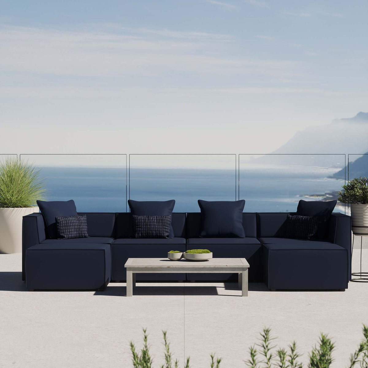 Saybrook 6-Piece Outdoor Patio Upholstered Sectional Sofa - Navy (2 Armless Chairs, 2 Corner Chairs, 2 Ottomans)