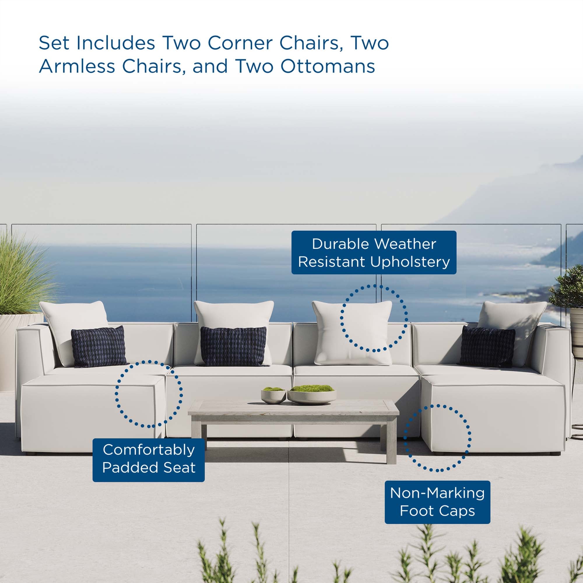 Saybrook 6-Piece Outdoor Patio Upholstered Sectional Sofa - White (2 Armless Chairs, 2 Corner Chairs, 2 Ottomans)