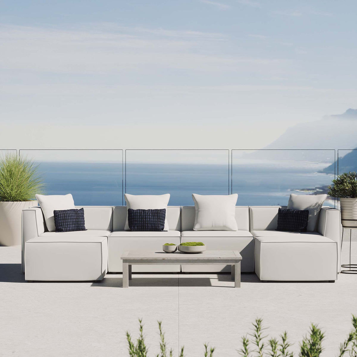 Saybrook 6-Piece Outdoor Patio Upholstered Sectional Sofa - White (2 Armless Chairs, 2 Corner Chairs, 2 Ottomans)