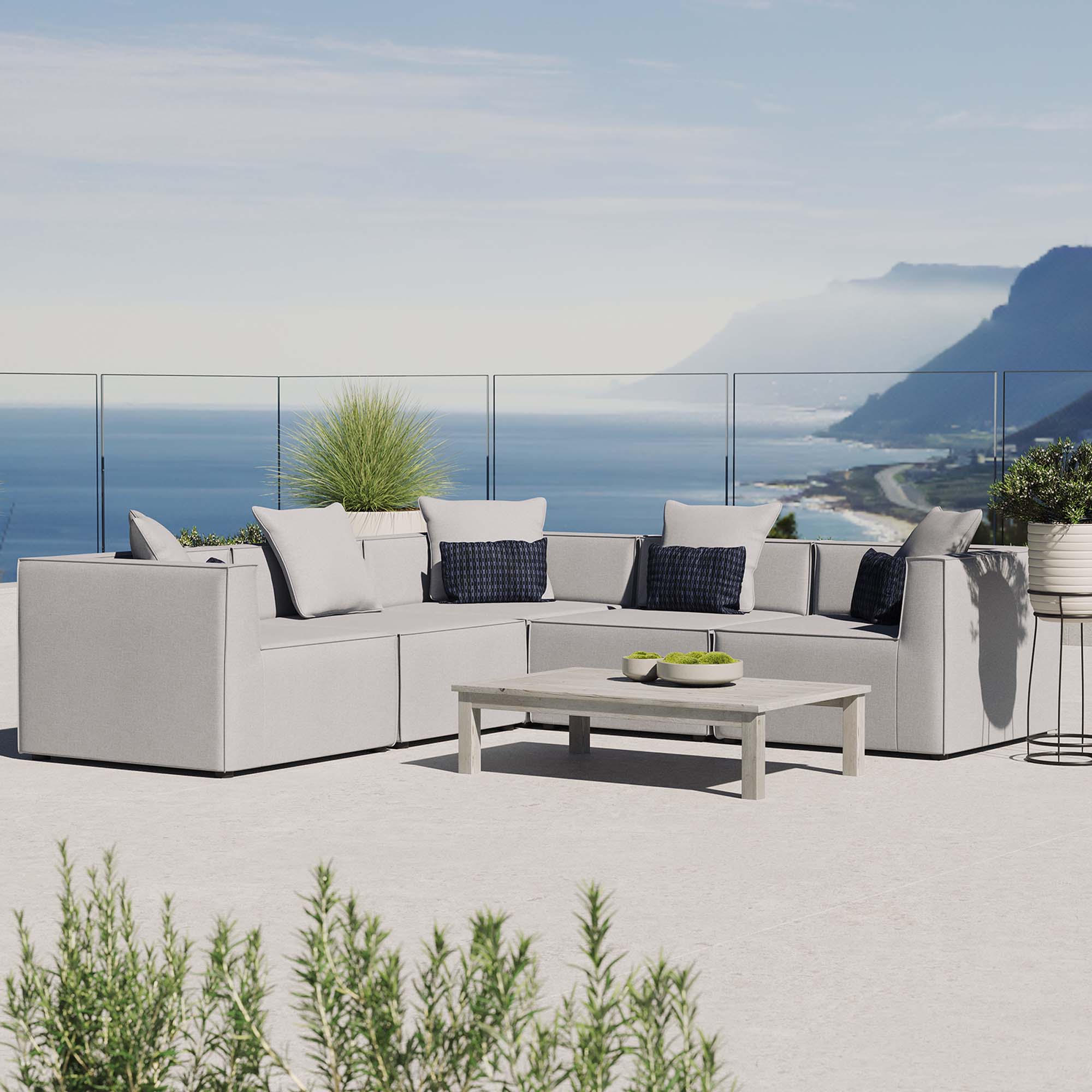 Saybrook 5-Piece Outdoor Patio Upholstered Sectional Sofa - Gray (2 Armless Chairs, 3 Corner Chairs)