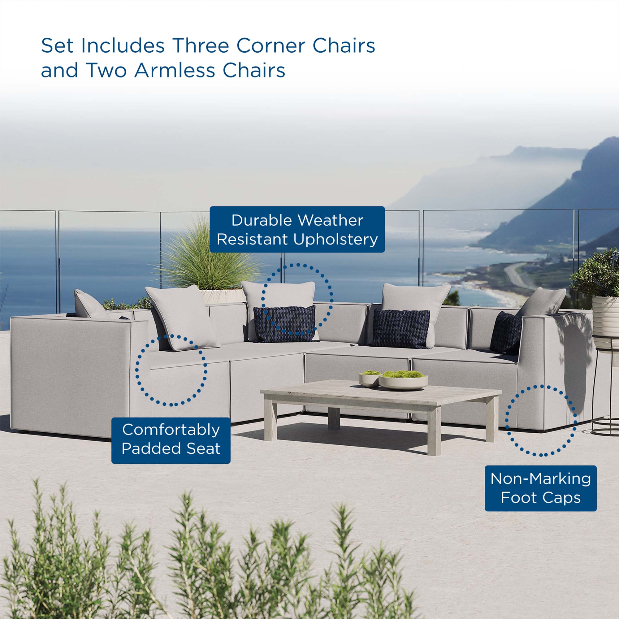 Saybrook 5-Piece Outdoor Patio Upholstered Sectional Sofa - Gray (2 Armless Chairs, 3 Corner Chairs)