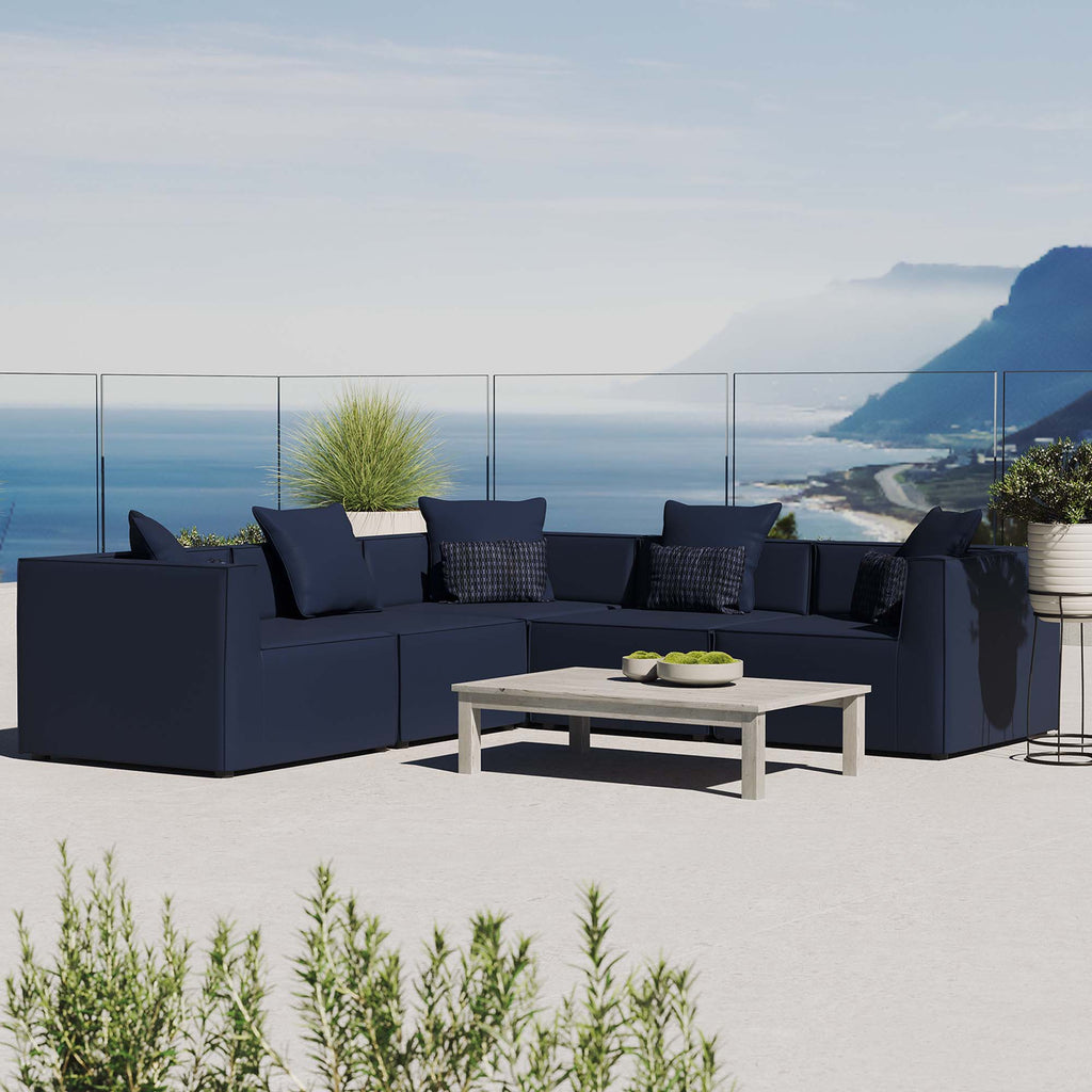 Saybrook 5-Piece Outdoor Patio Upholstered Sectional Sofa - Navy (2 Armless Chairs, 3 Corner Chairs)