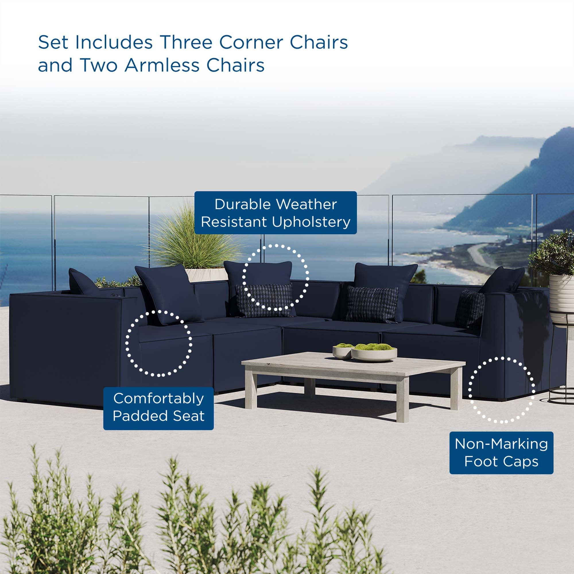 Saybrook 5-Piece Outdoor Patio Upholstered Sectional Sofa - Navy (2 Armless Chairs, 3 Corner Chairs)