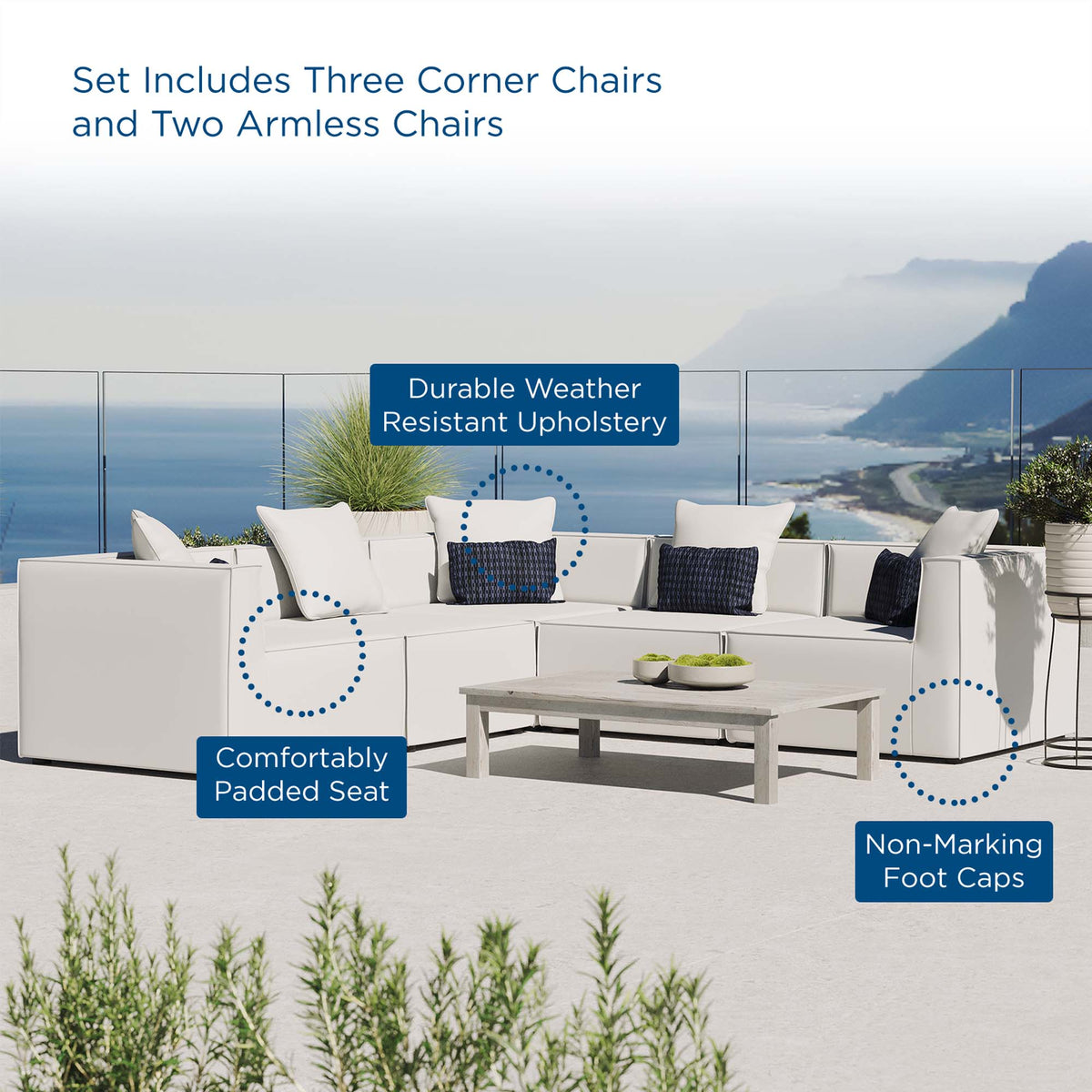 Saybrook 5-Piece Outdoor Patio Upholstered Sectional Sofa - White (2 Armless Chairs, 3 Corner Chairs)