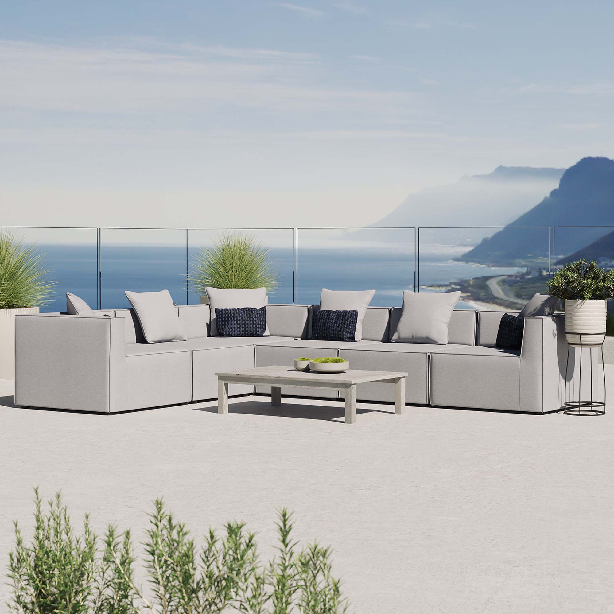 Saybrook 6-Piece Outdoor Patio Upholstered Sectional Sofa - Gray (3 Armless Chairs, 3 Corner Chairs)