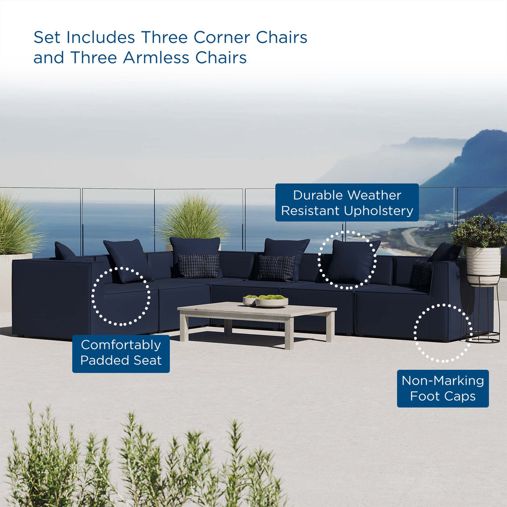 Saybrook 6-Piece Outdoor Patio Upholstered Sectional Sofa - Navy (3 Armless Chairs, 3 Corner Chairs)