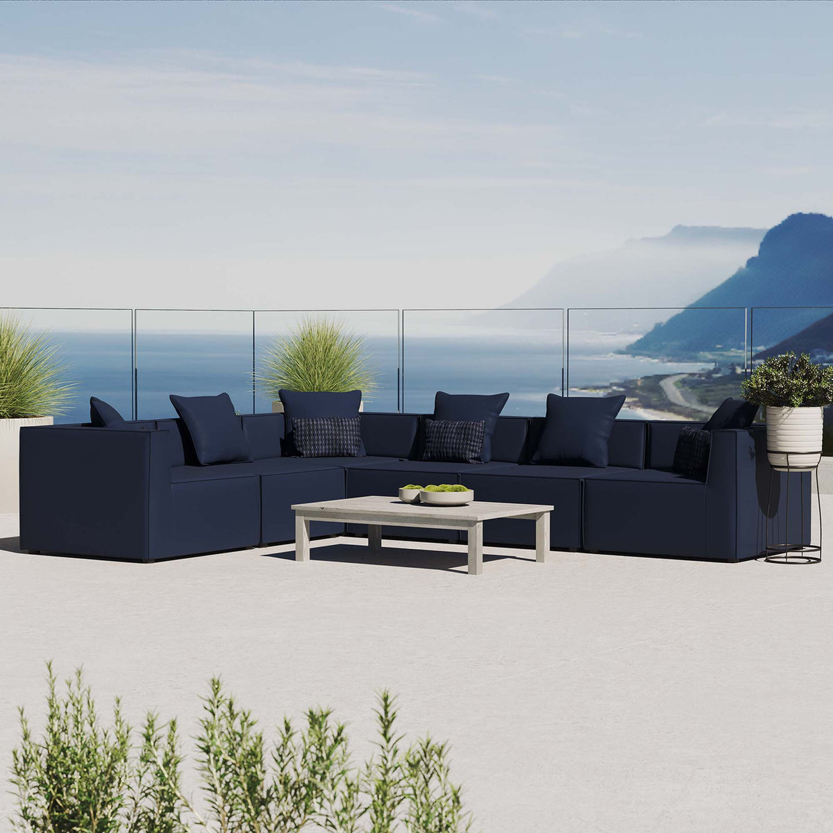 Saybrook 6-Piece Outdoor Patio Upholstered Sectional Sofa - Navy (3 Armless Chairs, 3 Corner Chairs)