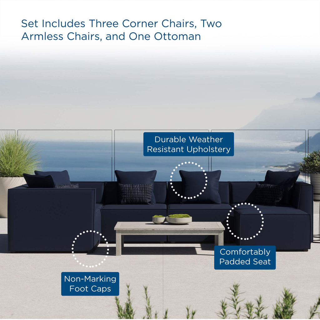 Saybrook 6-Piece Outdoor Patio Upholstered Sectional Sofa - Navy (2 Armless Chairs, 3 Corner Chairs, Ottoman)